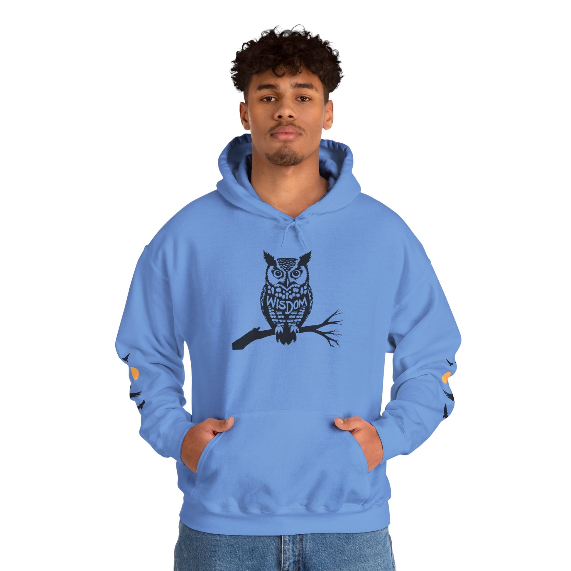 Hand-drawn 'Wisdom' word art hoodie inspired by Alaska Native design traditions — flat lay view