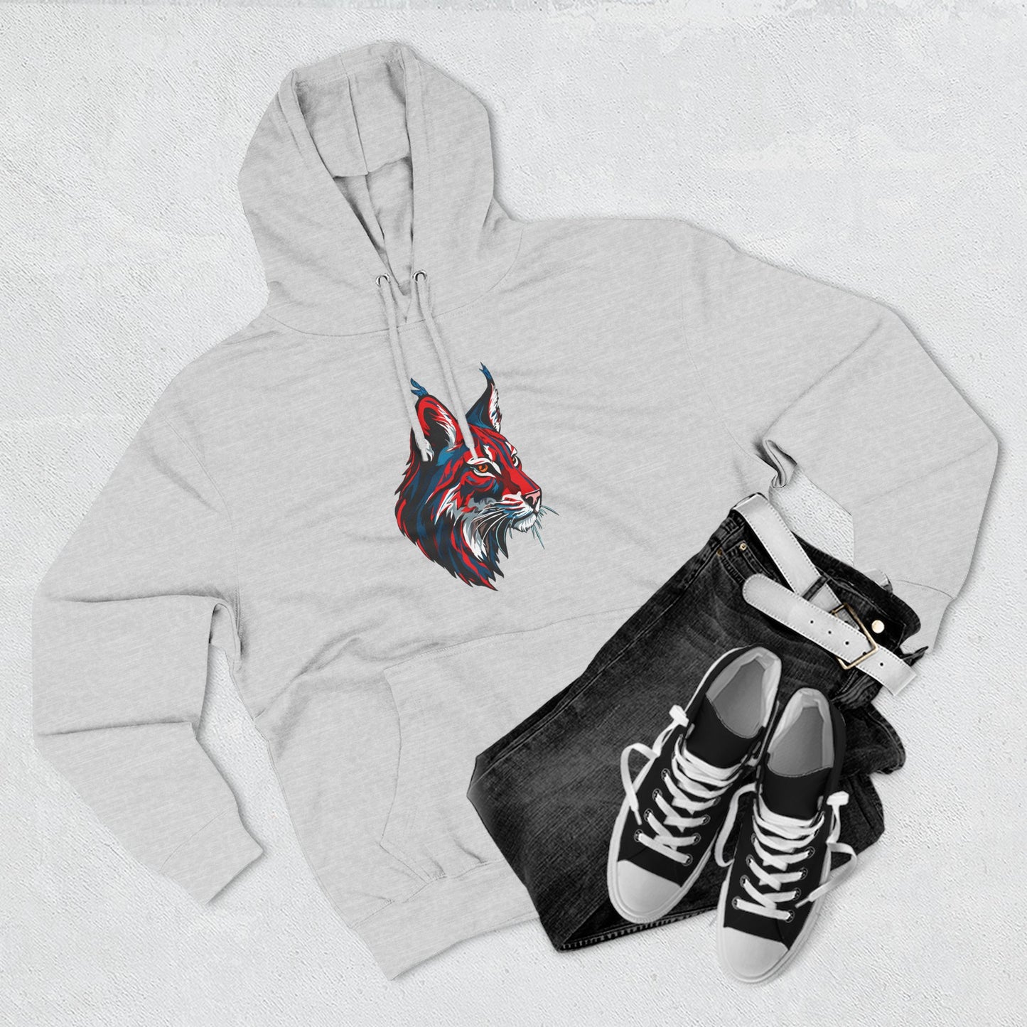 Hand-drawn Alaska Native inspired lynx hoodie — original Indigenous wildlife design — shown in an alternate colorway