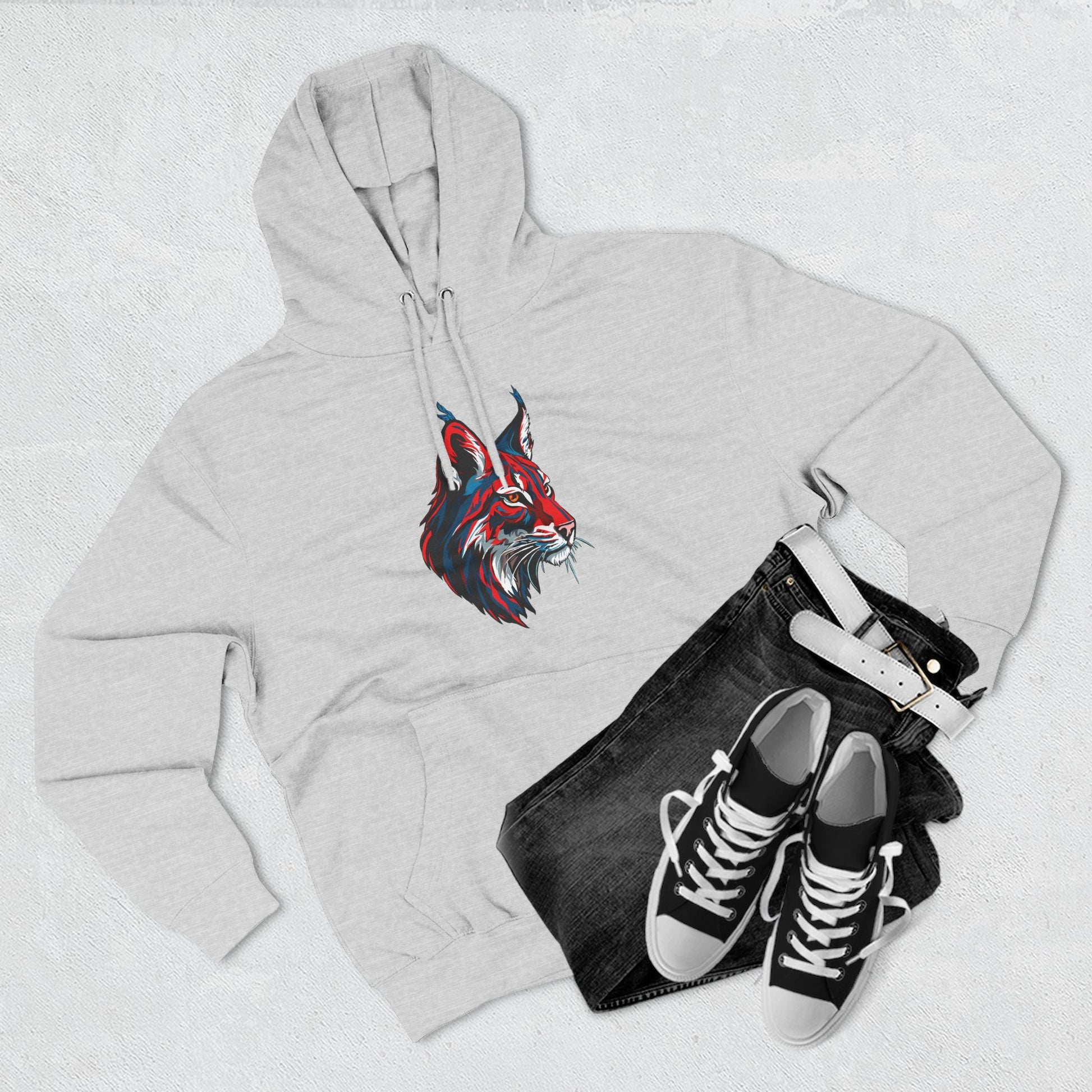 Hand-drawn Alaska Native inspired lynx hoodie — original Indigenous wildlife design — shown in an alternate colorway