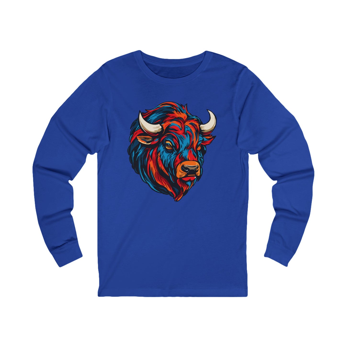 Hand-drawn bison icon long-sleeve tee — original wildlife art by Kayanna Healy at Neo Native