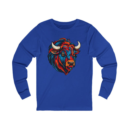 Hand-drawn bison icon long-sleeve tee — original wildlife art by Kayanna Healy at Neo Native