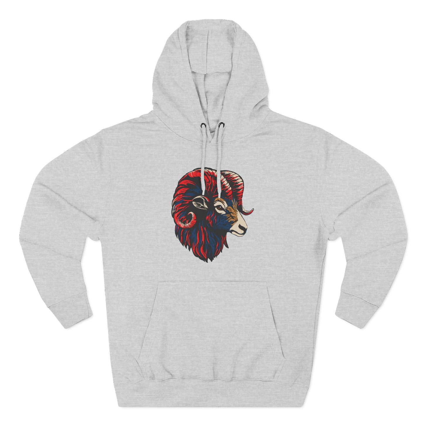 Hand-drawn Alaska Native inspired dall sheep hoodie — original Indigenous wildlife design — shown from a different angle
