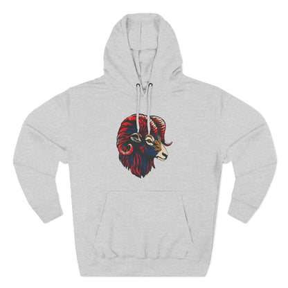 Hand-drawn Alaska Native inspired dall sheep hoodie — original Indigenous wildlife design — shown from a different angle