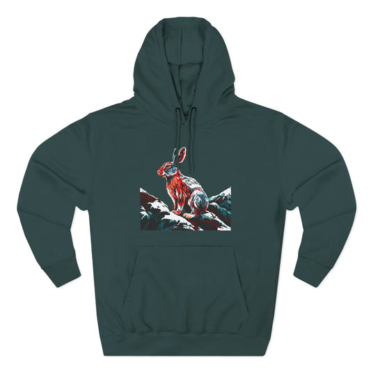 Hand-drawn snowshoe hare icon hoodie — original wildlife art by Kayanna Healy at Neo Native