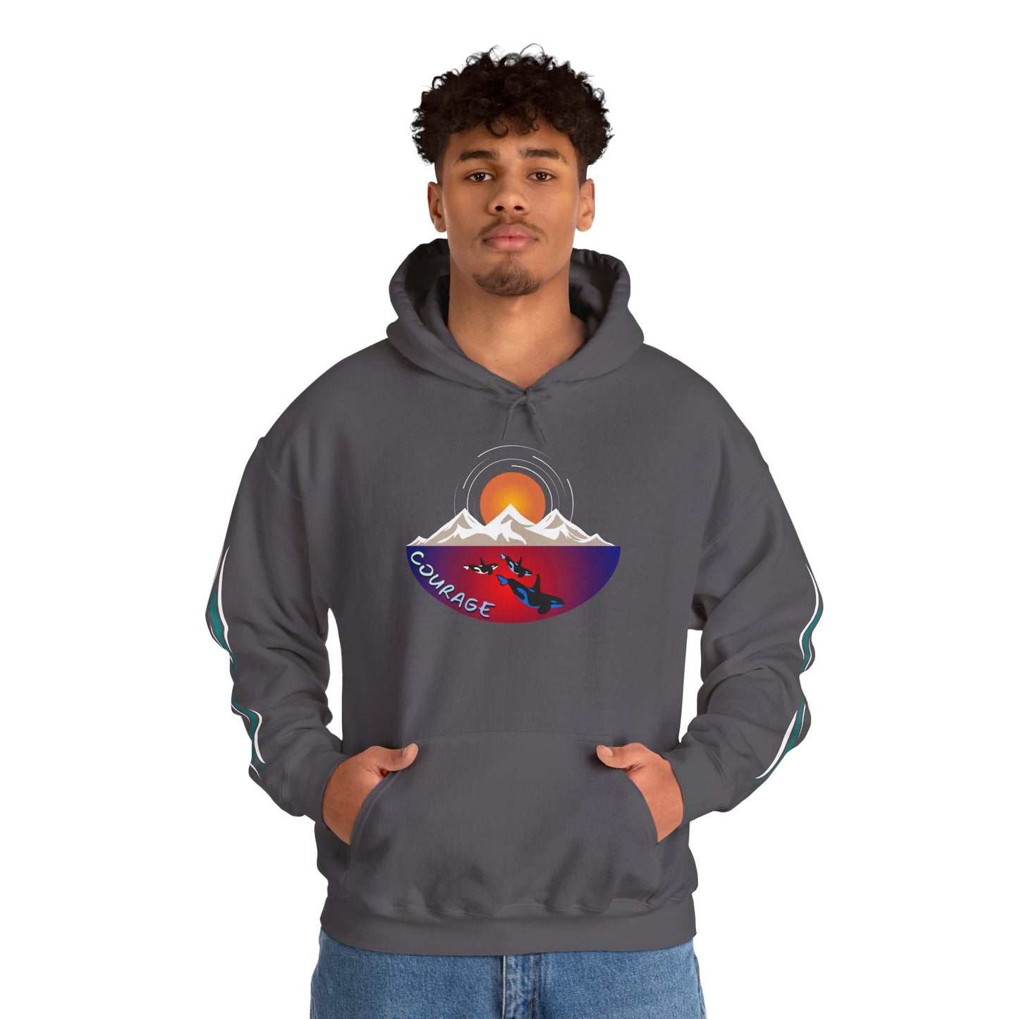 Hand-drawn 'Courage' word art hoodie inspired by Alaska Native design traditions — close-up of the design detail