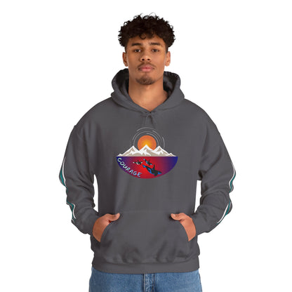 Hand-drawn 'Courage' word art hoodie inspired by Alaska Native design traditions — close-up of the design detail