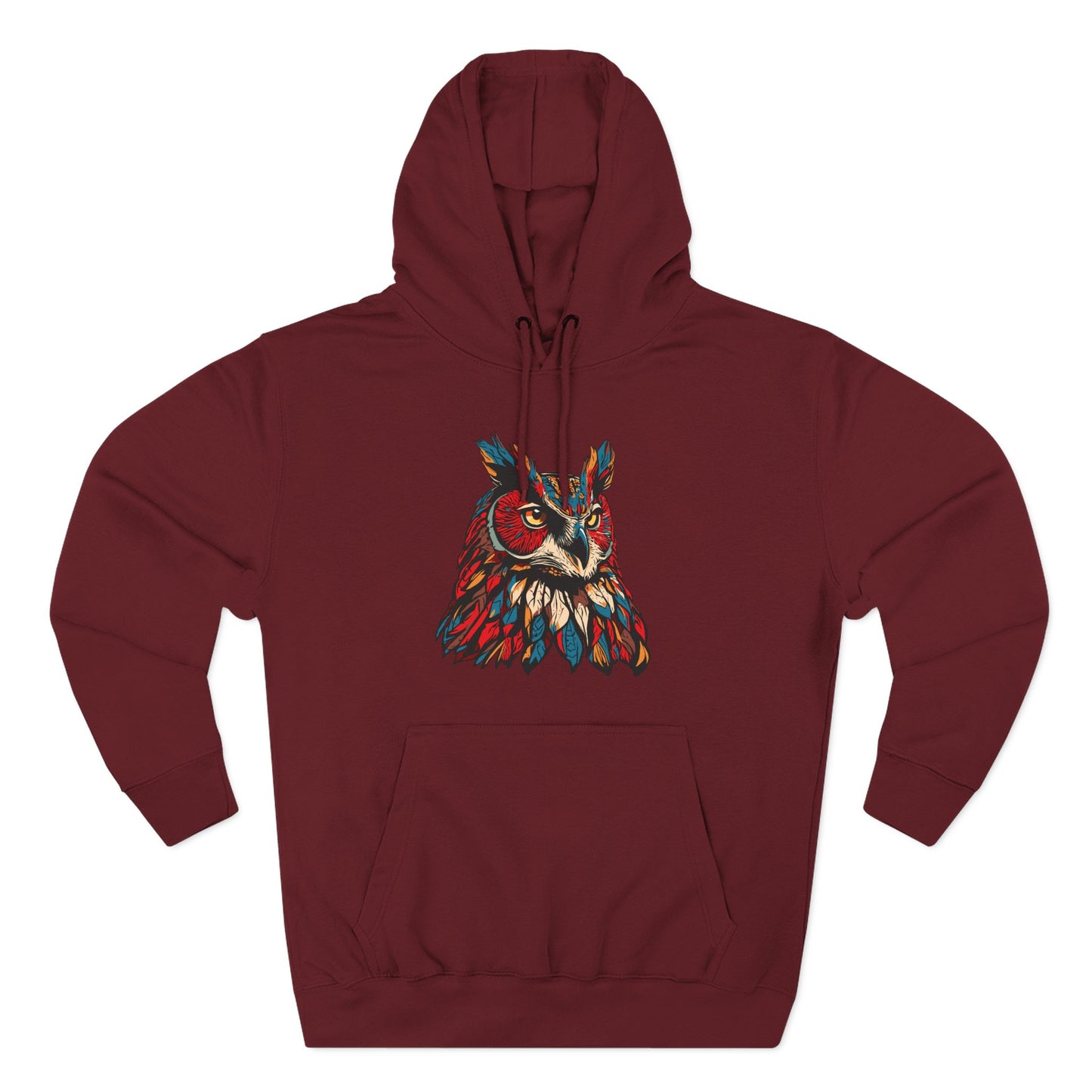 Hand-drawn Alaska Native inspired great horned owl hoodie — original Indigenous wildlife design — styled product photo