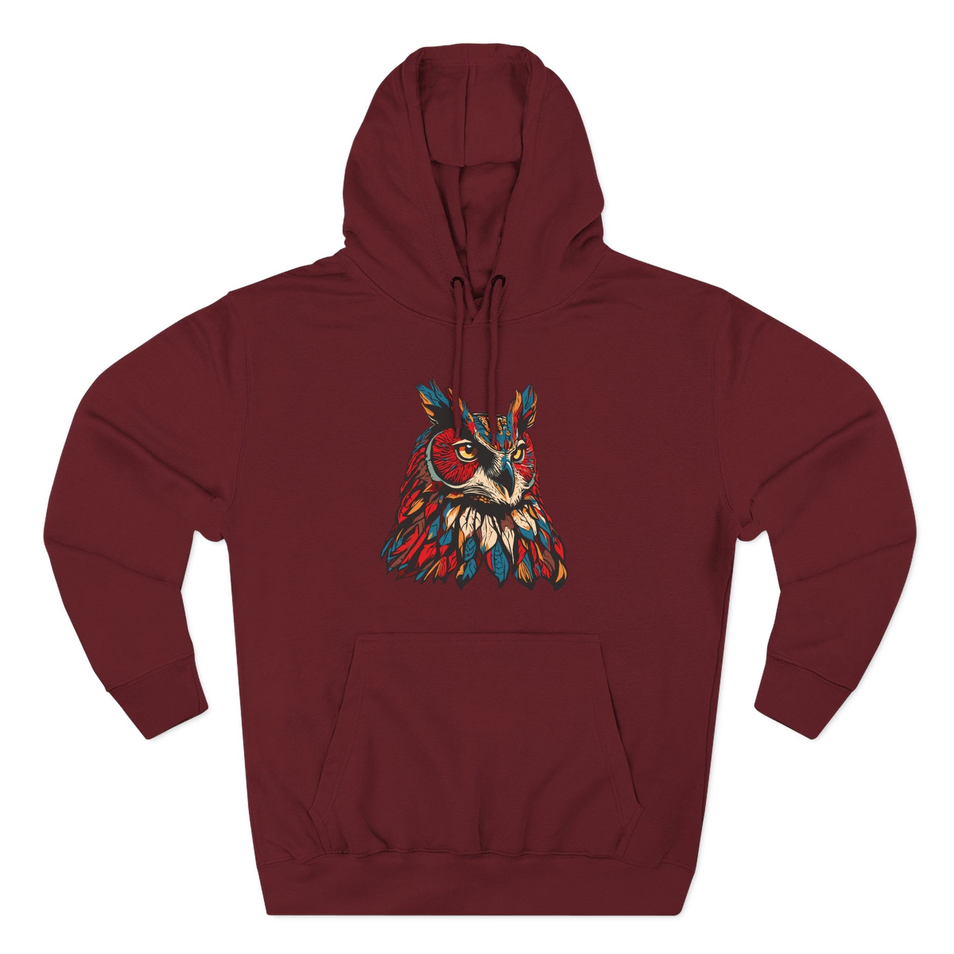 Hand-drawn Alaska Native inspired great horned owl hoodie — original Indigenous wildlife design — styled product photo