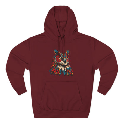 Hand-drawn Alaska Native inspired great horned owl hoodie — original Indigenous wildlife design — styled product photo