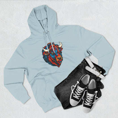 Hand-drawn Alaska Native inspired bison hoodie — original Indigenous wildlife design — flat lay view