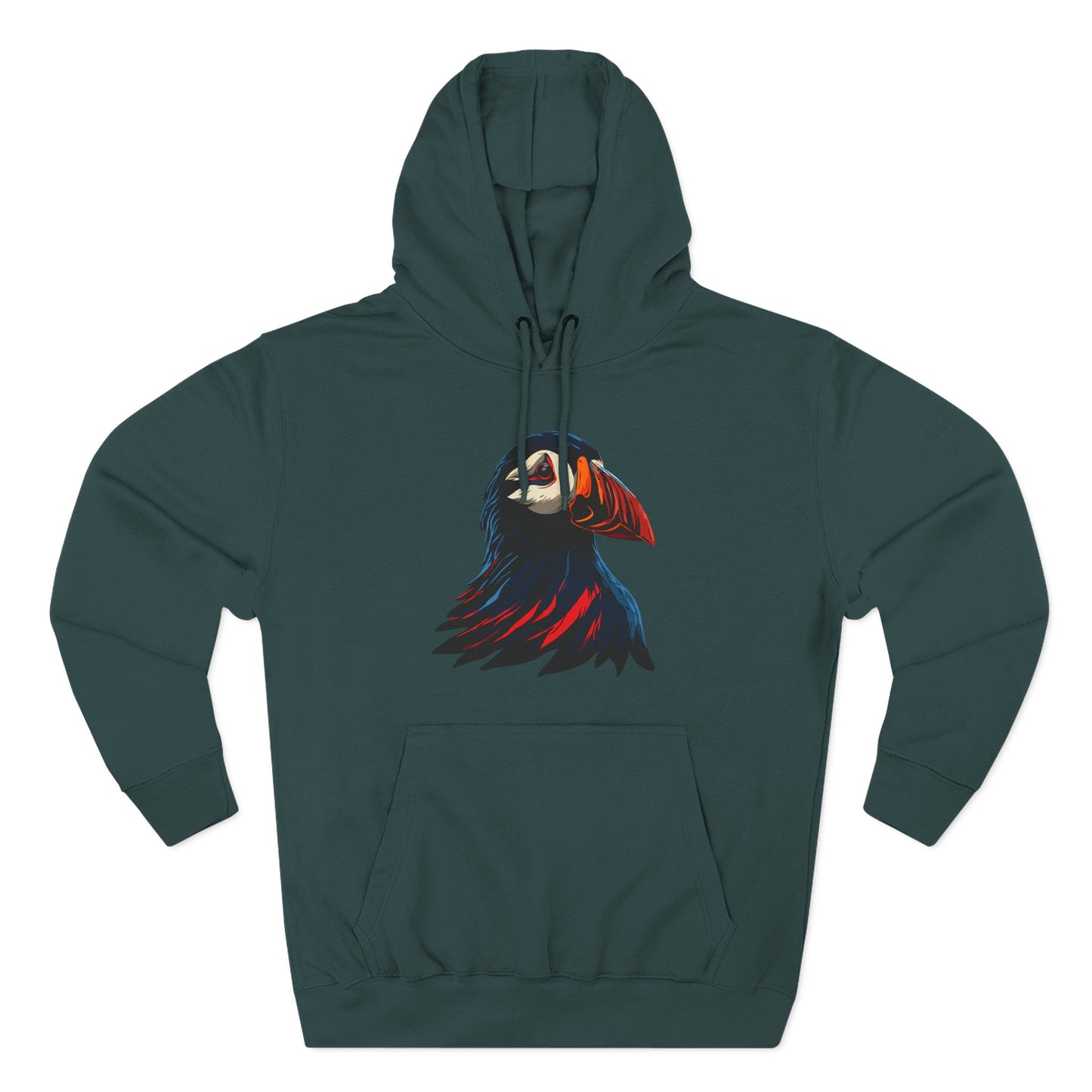 Hand-drawn Alaska Native inspired puffin hoodie — original Indigenous wildlife design — close-up of the design detail