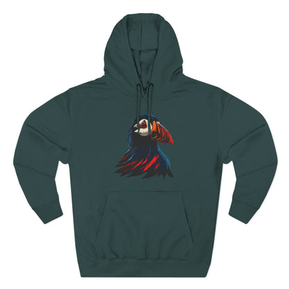 Hand-drawn Alaska Native inspired puffin hoodie — original Indigenous wildlife design — close-up of the design detail