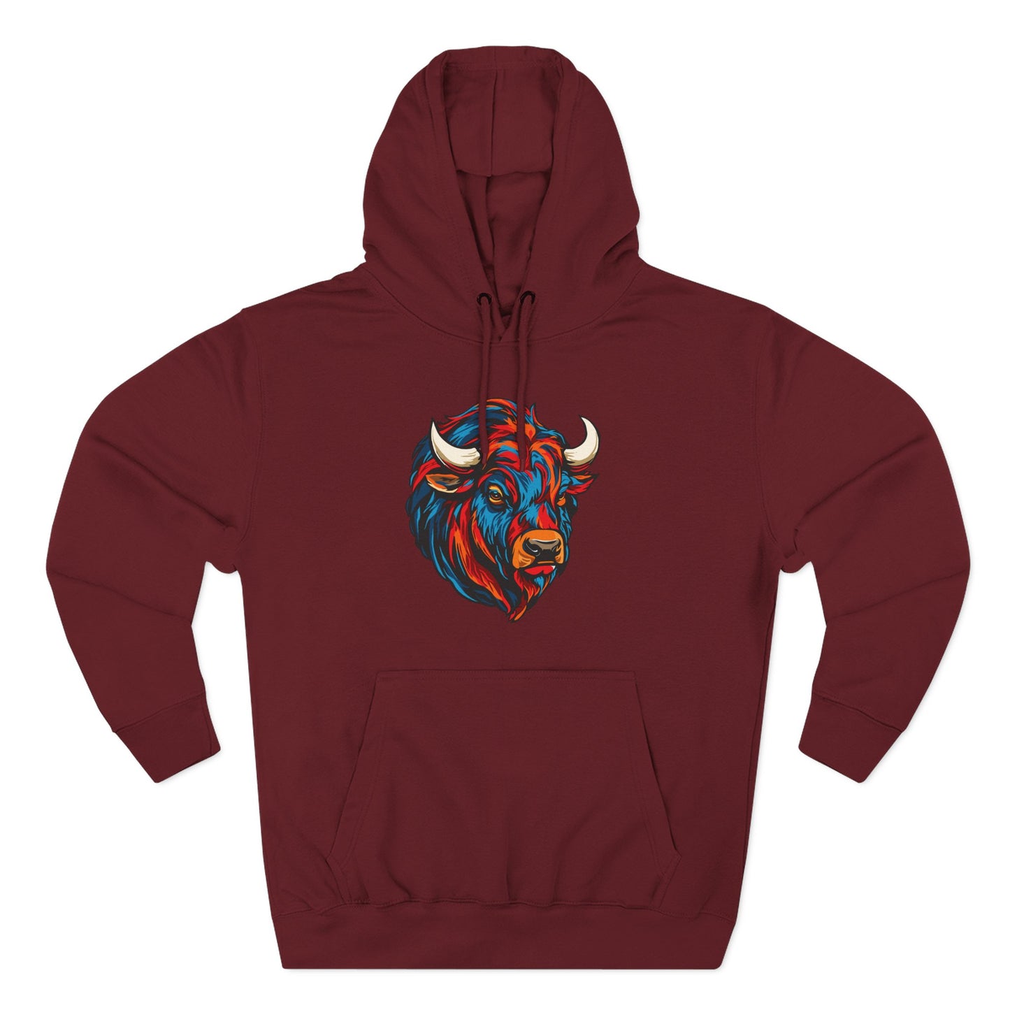 Hand-drawn Alaska Native inspired bison hoodie — original Indigenous wildlife design — shown from a different angle