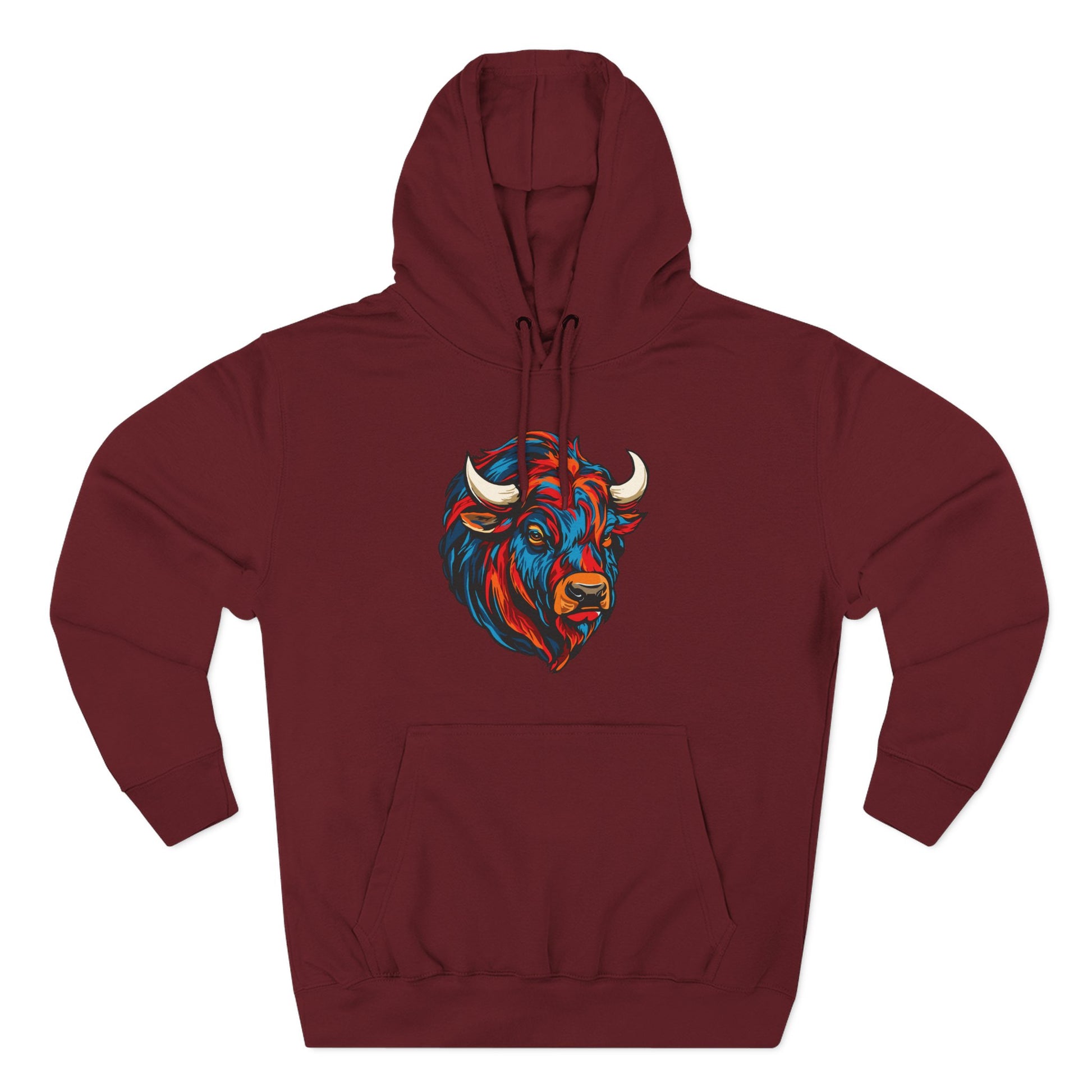 Hand-drawn Alaska Native inspired bison hoodie — original Indigenous wildlife design — shown from a different angle