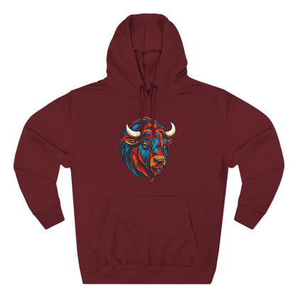 Hand-drawn Alaska Native inspired bison hoodie — original Indigenous wildlife design — shown from a different angle