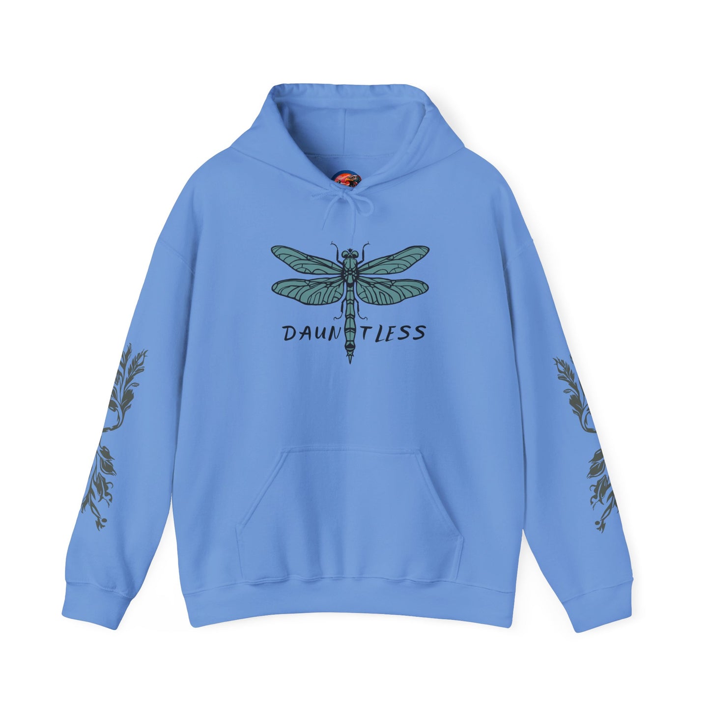 Hand-drawn 'Dauntless' word art hoodie inspired by Alaska Native design traditions — shown from a different angle