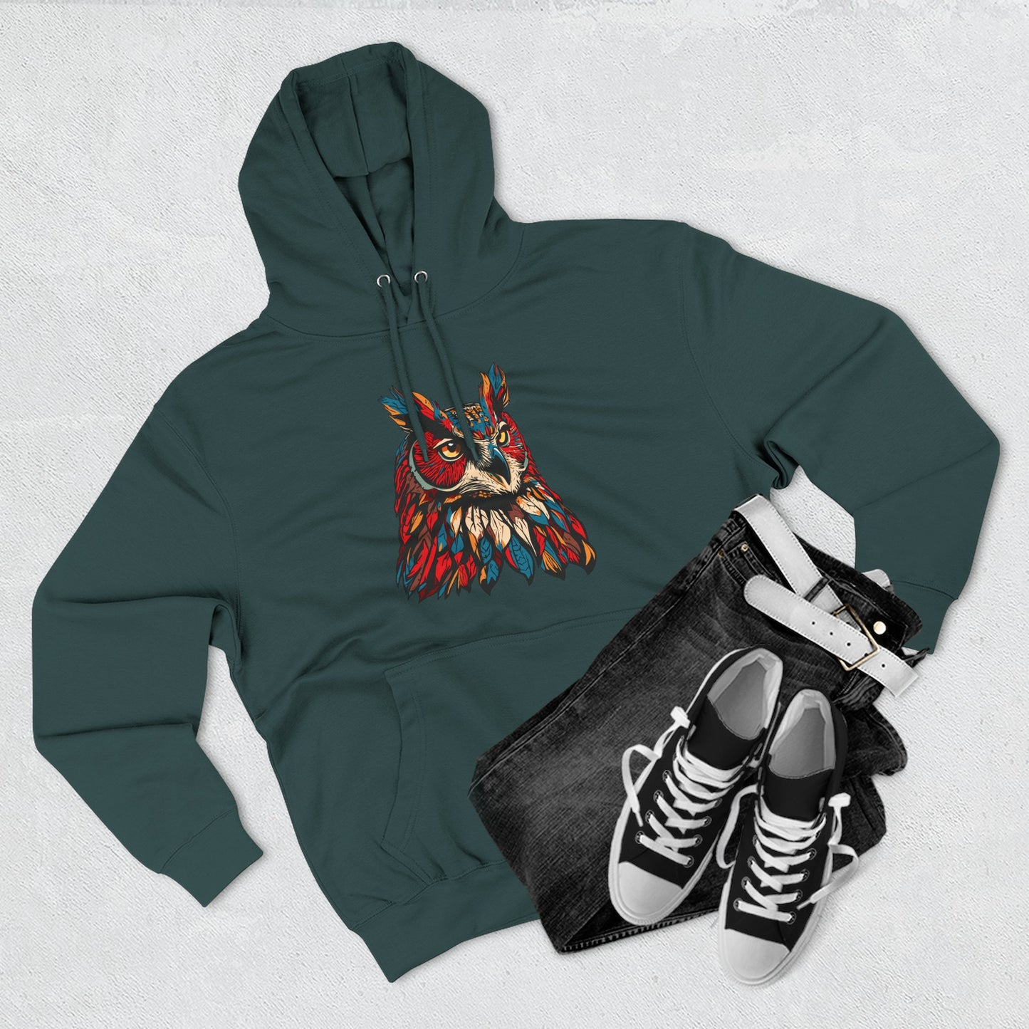 Hand-drawn Alaska Native inspired great horned owl hoodie — original Indigenous wildlife design — front view