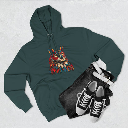 Hand-drawn Alaska Native inspired great horned owl hoodie — original Indigenous wildlife design — front view