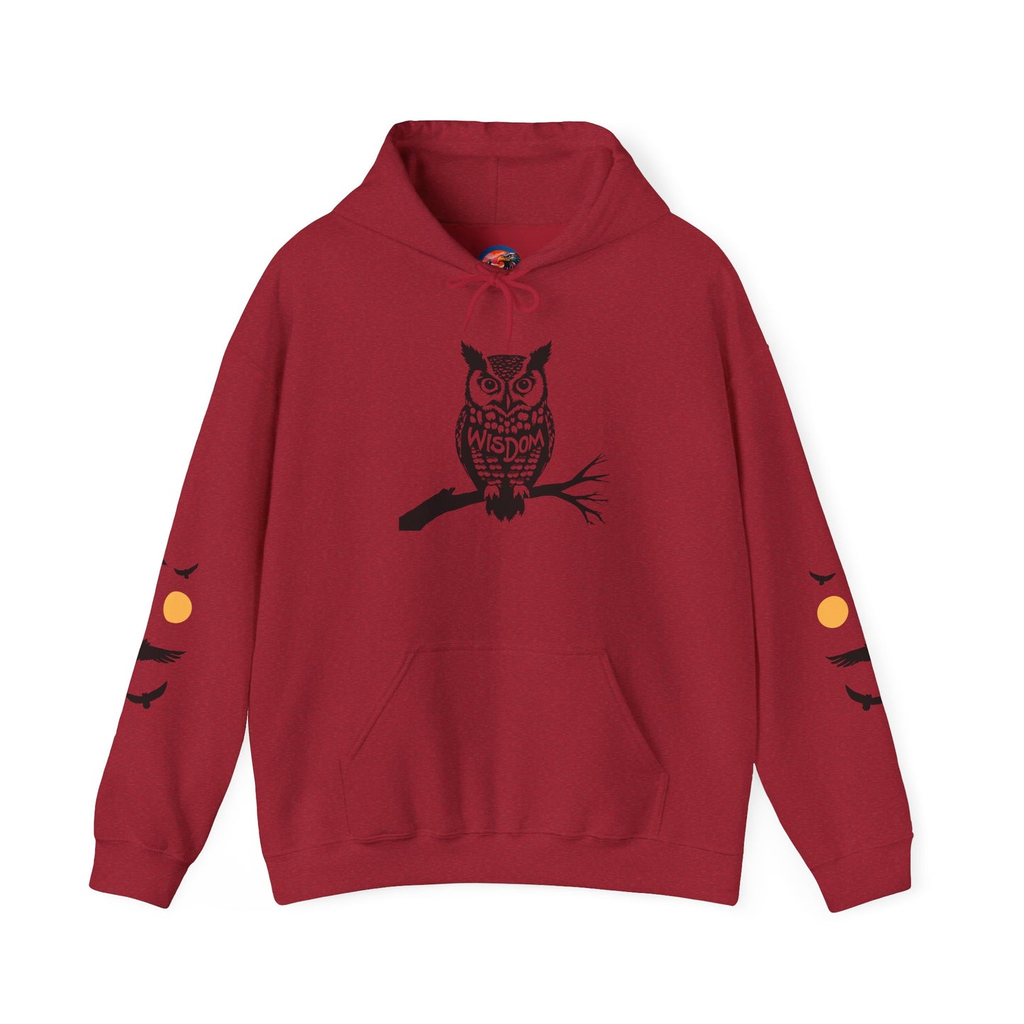 Hand-drawn 'Wisdom' word art hoodie inspired by Alaska Native design traditions — styled product photo