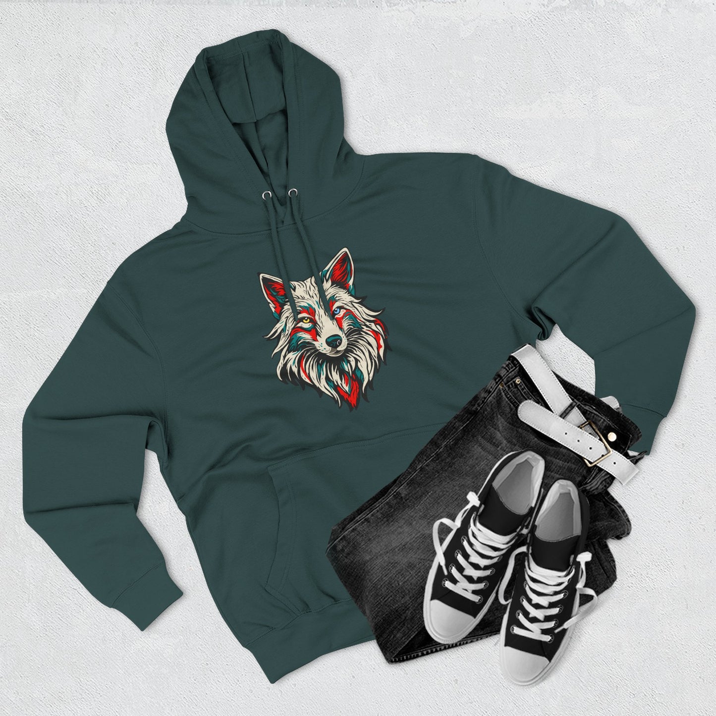 Hand-drawn Alaska Native inspired arctic fox hoodie — original Indigenous wildlife design — front view