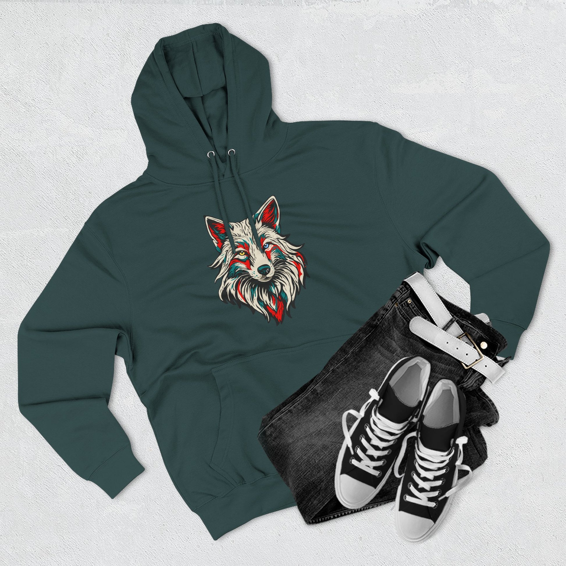 Hand-drawn Alaska Native inspired arctic fox hoodie — original Indigenous wildlife design — front view