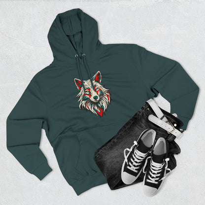 Hand-drawn Alaska Native inspired arctic fox hoodie — original Indigenous wildlife design — front view