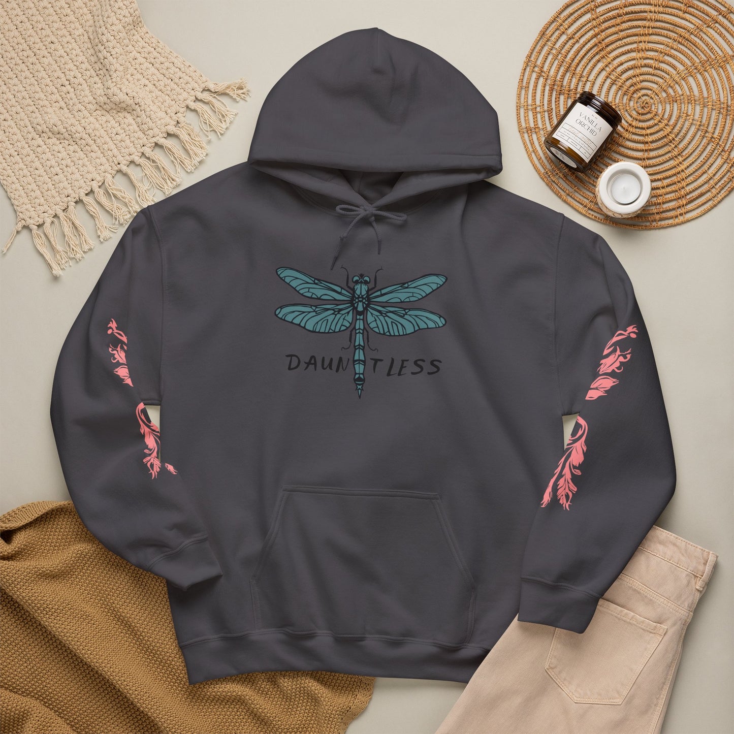 Hand-drawn 'Dauntless' word art hoodie inspired by Alaska Native design traditions — front view
