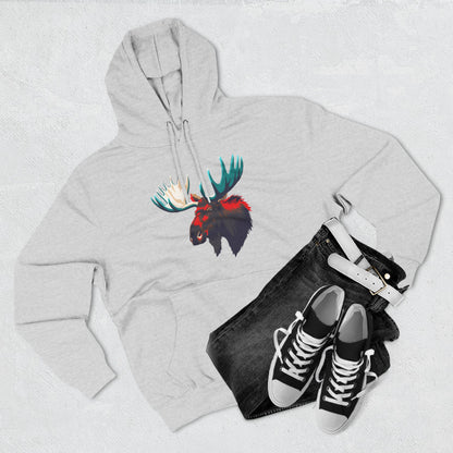 Hand-drawn Alaska Native inspired moose hoodie — original Indigenous wildlife design — flat lay view