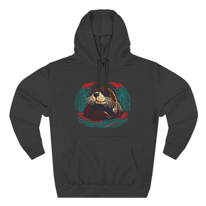 Hand-drawn Alaska Native inspired sea otter hoodie — original Indigenous wildlife design — styled product photo