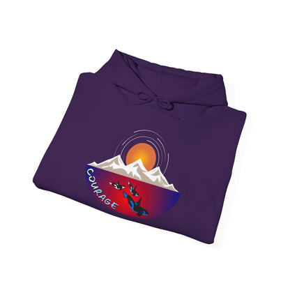 Hand-drawn 'Courage' word art hoodie inspired by Alaska Native design traditions — flat lay view