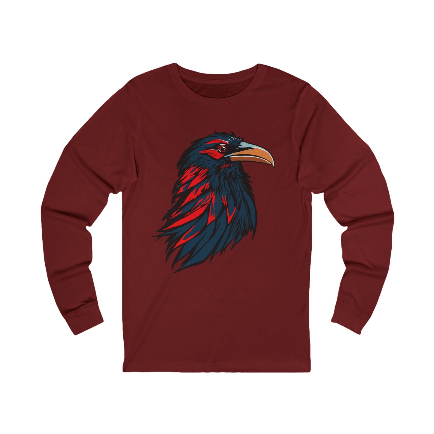 Hand-drawn raven icon long-sleeve tee — original wildlife art by Kayanna Healy at Neo Native