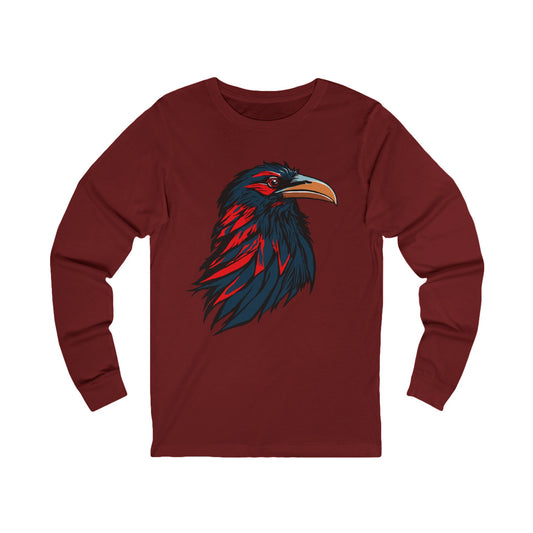 Hand-drawn raven icon long-sleeve tee — original wildlife art by Kayanna Healy at Neo Native
