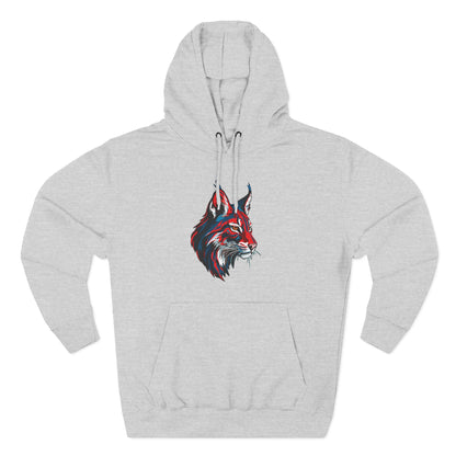 Hand-drawn Alaska Native inspired lynx hoodie — original Indigenous wildlife design — front view