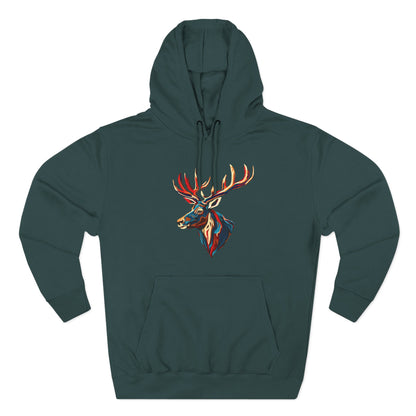 Hand-drawn Alaska Native inspired elk hoodie — original Indigenous wildlife design — close-up of the design detail