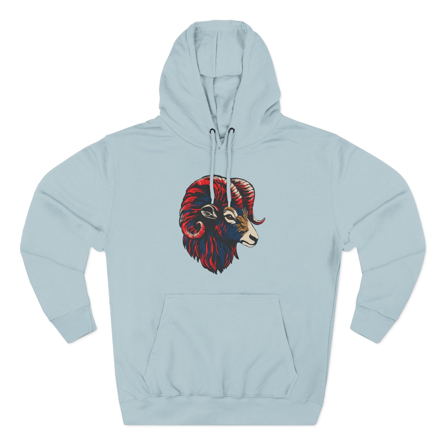Hand-drawn Alaska Native inspired dall sheep hoodie — original Indigenous wildlife design — close-up of the design detail