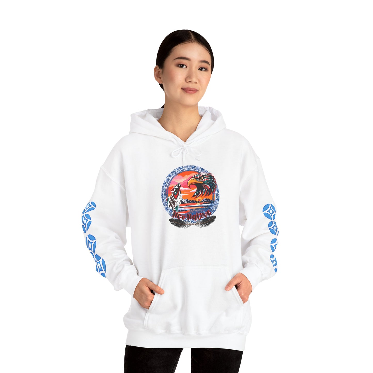 Neo Native brand logo hoodie — Alaska Native owned apparel brand — close-up texture detail