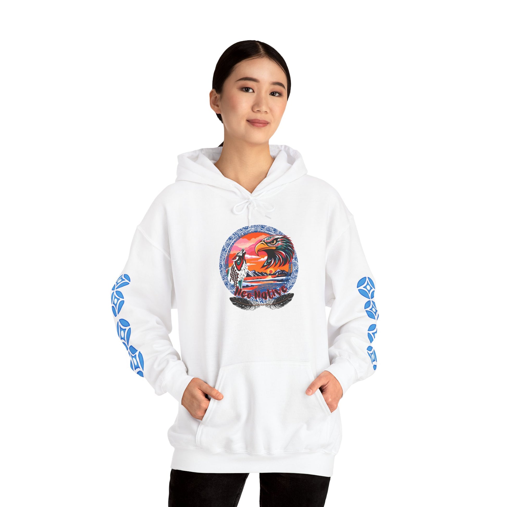 Neo Native brand logo hoodie — Alaska Native owned apparel brand — close-up texture detail