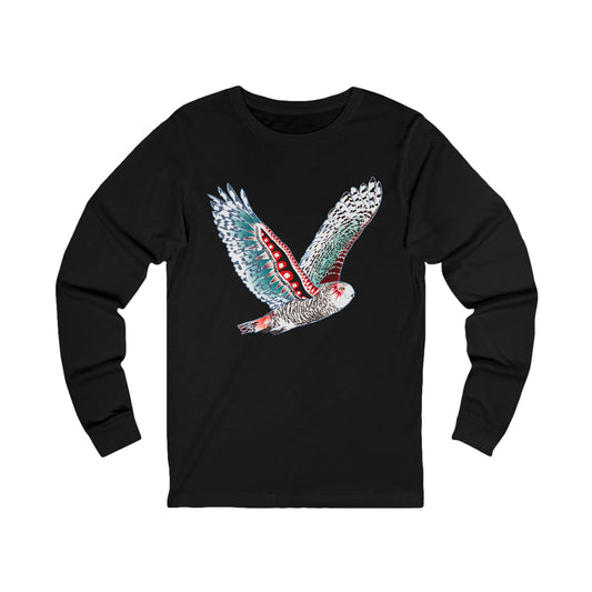 Hand-drawn snowy owl long-sleeve tee — original wildlife art by Kayanna Healy at Neo Native