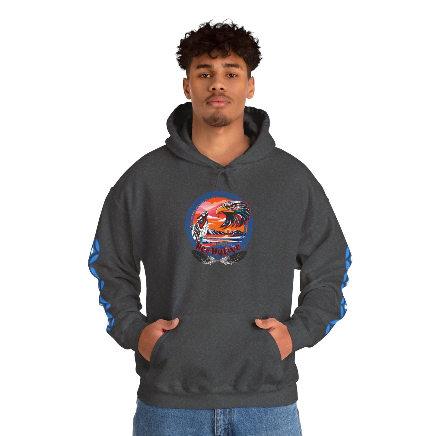 Neo Native brand logo hoodie — Alaska Native owned apparel brand — close-up of the design detail