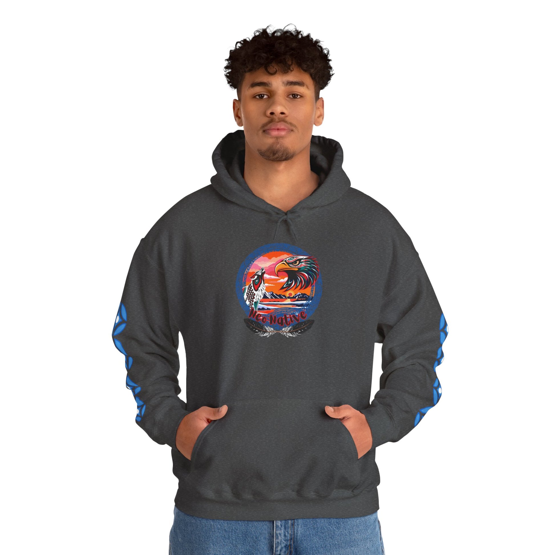 Neo Native brand logo hoodie — Alaska Native owned apparel brand — close-up of the design detail