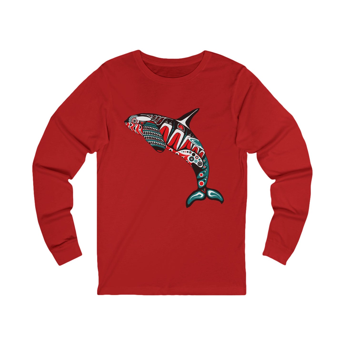 Hand-drawn killer whale long-sleeve tee — original wildlife art by Kayanna Healy at Neo Native