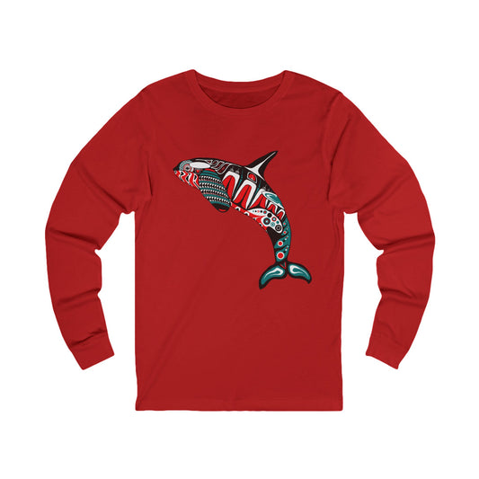 Hand-drawn killer whale long-sleeve tee — original wildlife art by Kayanna Healy at Neo Native
