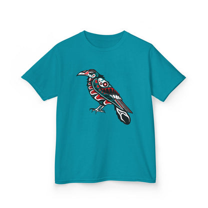 Hand-drawn Alaska Native inspired raven kids' shirt — original Indigenous wildlife design — front view