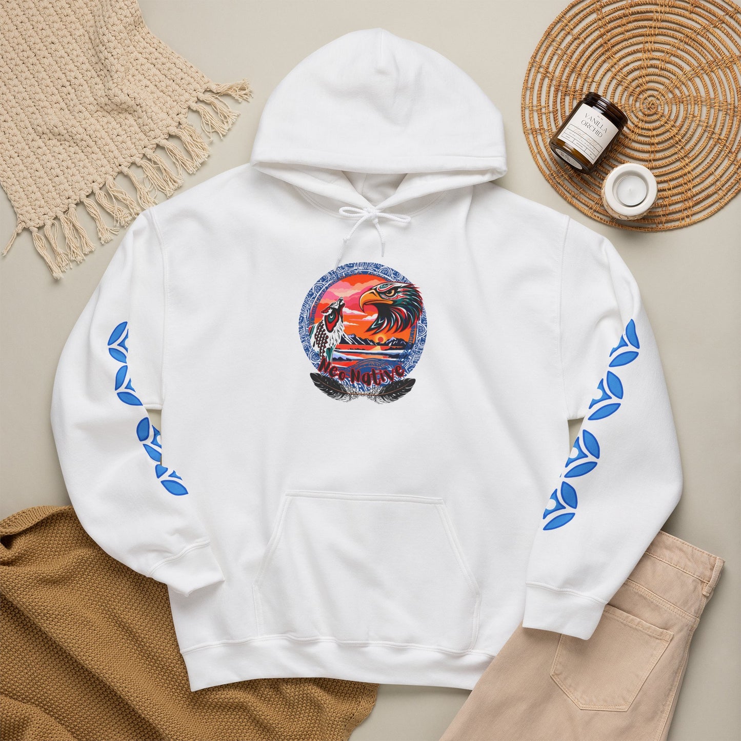 Neo Native brand logo hoodie — Alaska Native owned apparel brand — close-up of the design detail