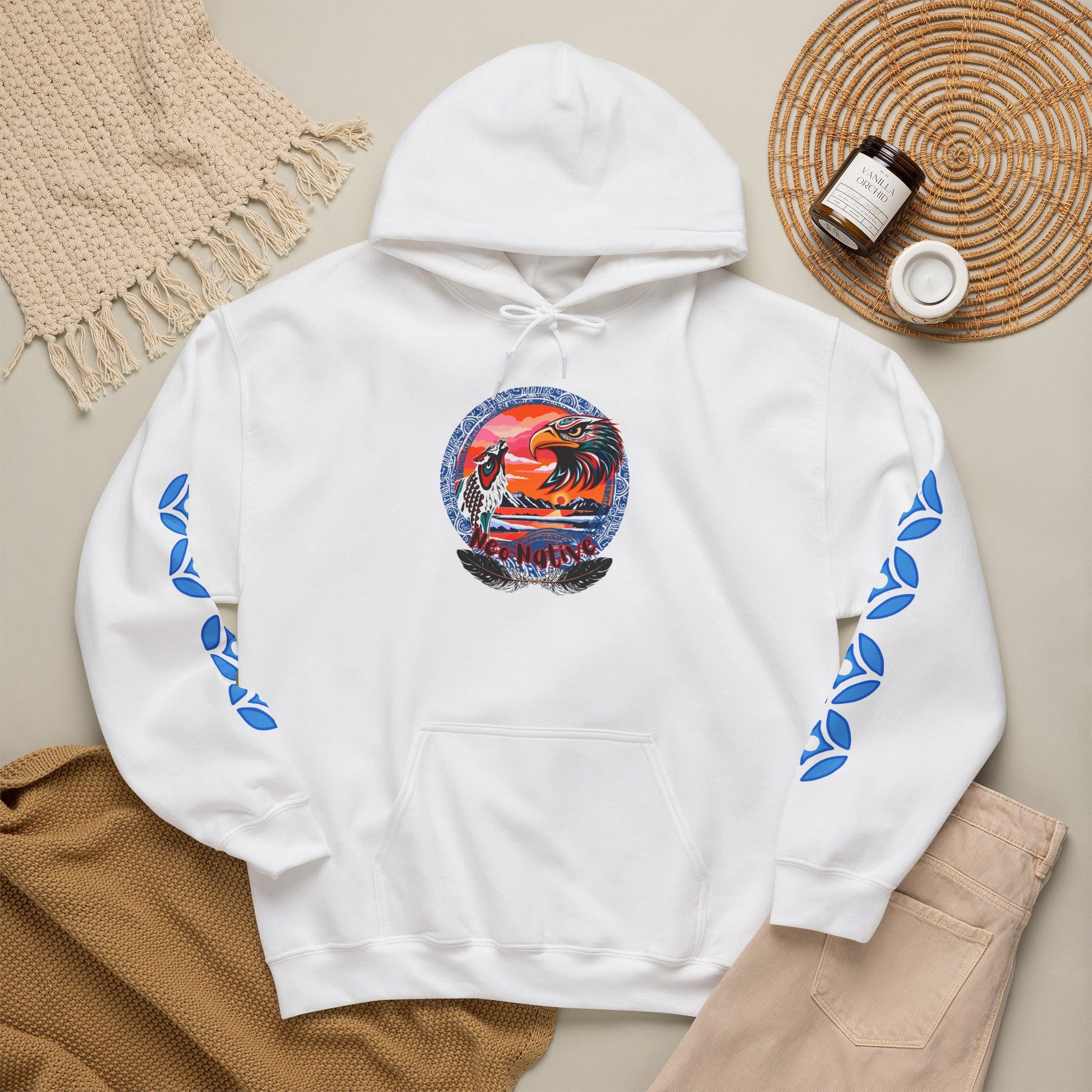 Neo Native brand logo hoodie — Alaska Native owned apparel brand — close-up of the design detail