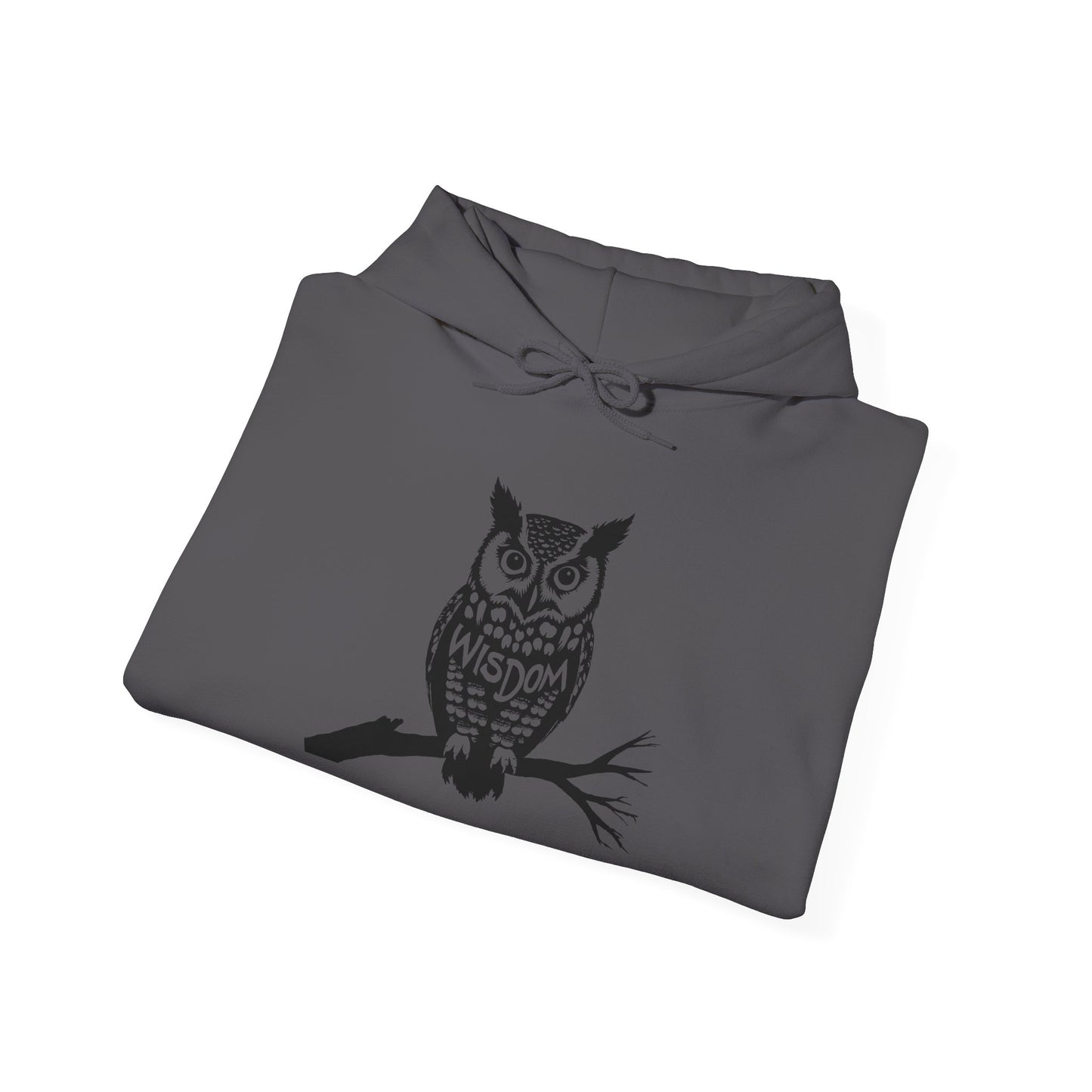 Hand-drawn 'Wisdom' word art hoodie inspired by Alaska Native design traditions — flat lay view