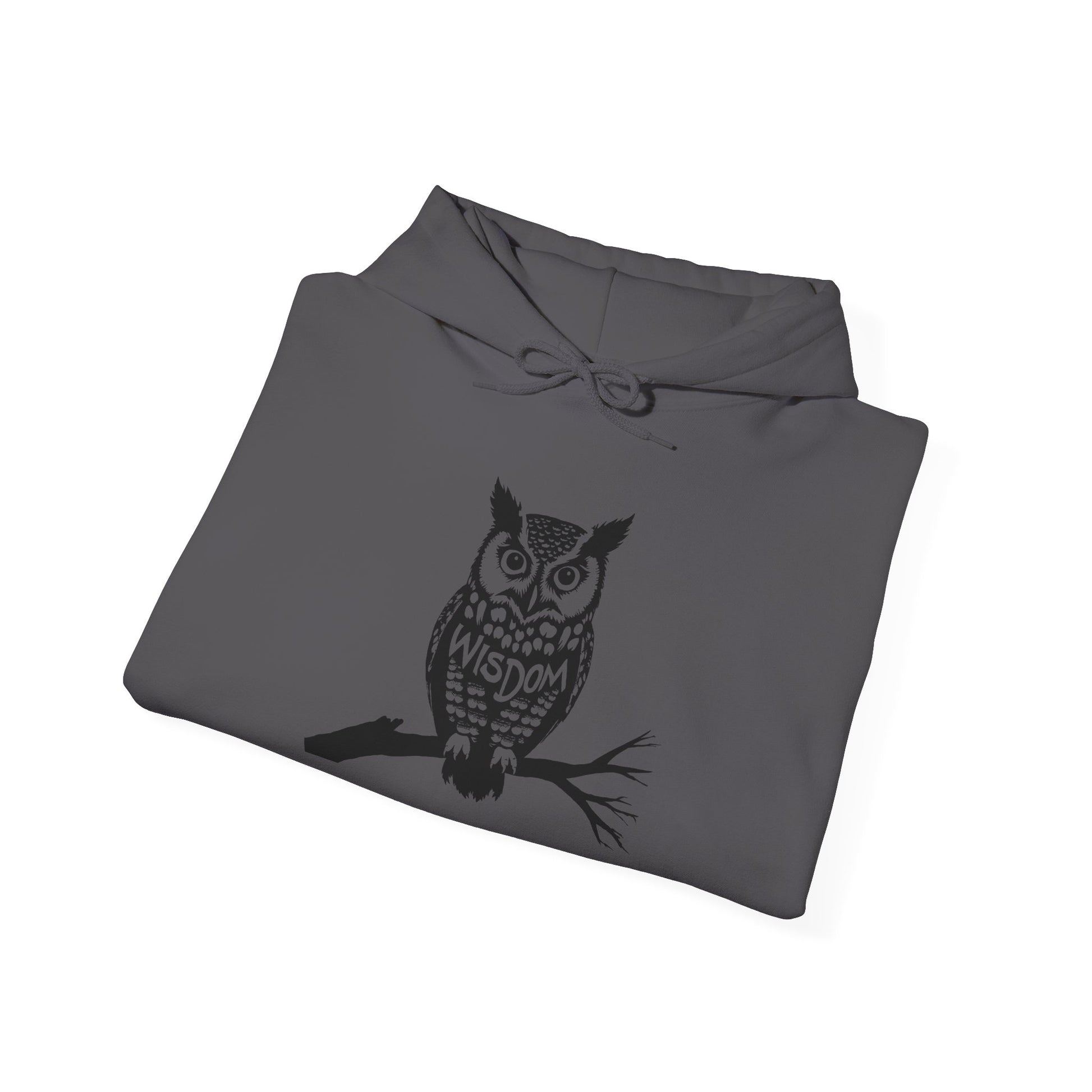 Hand-drawn 'Wisdom' word art hoodie inspired by Alaska Native design traditions — flat lay view