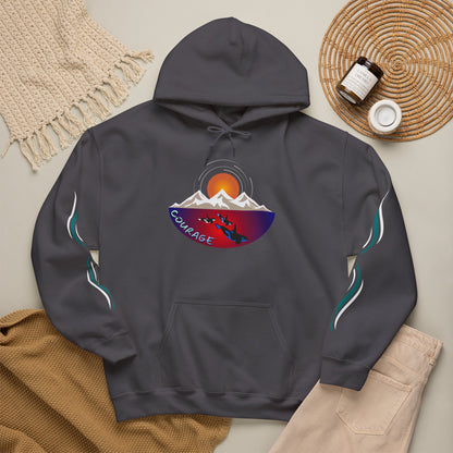 Hand-drawn 'Courage' word art hoodie inspired by Alaska Native design traditions — styled product photo