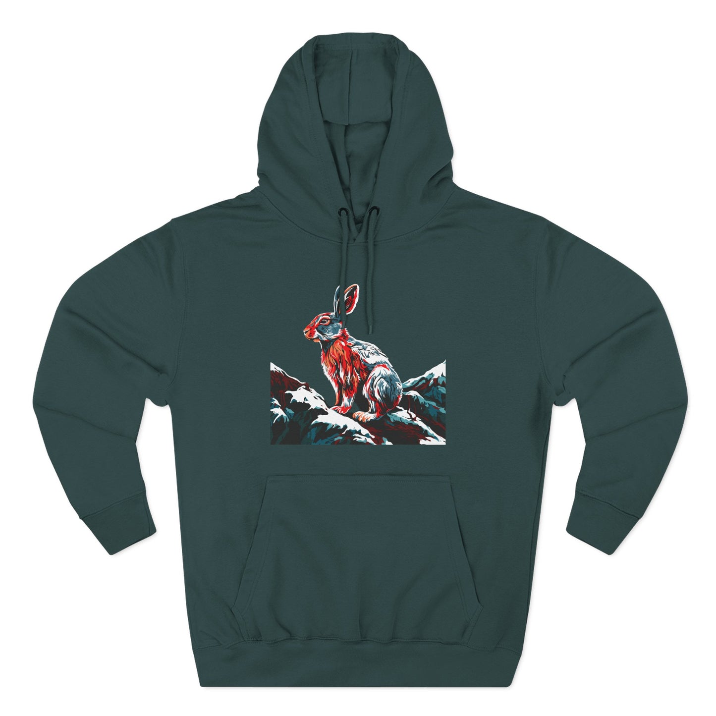 Hand-drawn Alaska Native inspired snowshoe hare hoodie — original Indigenous wildlife design — front view