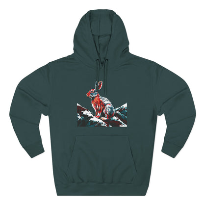Hand-drawn Alaska Native inspired snowshoe hare hoodie — original Indigenous wildlife design — front view